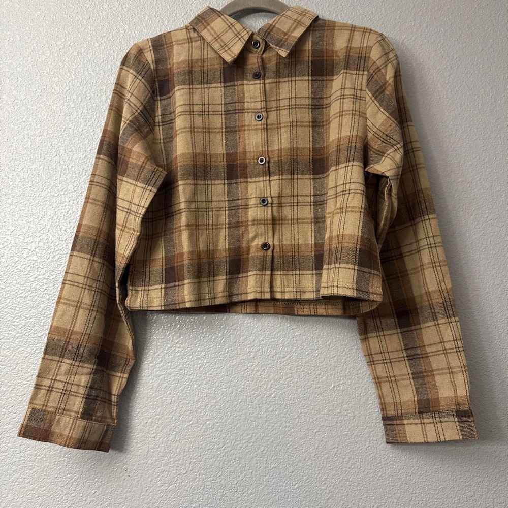 Youth Sized Cropped Brown Plaid Button Up Long Sleeve Shirt